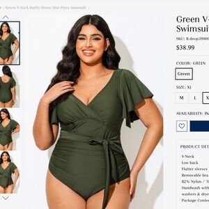 NWT Green V-Neck Ruffle Sleeve One Piece Swimsuit